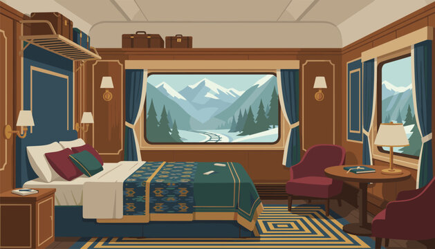 Luxurious vintage train sleeping car cabin interior featuring a cozy bed and panoramic snowy mountain view.