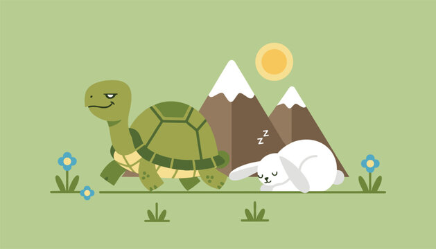 Smug tortoise confidently walking past a sleeping white rabbit in a grassy field with snowy mountains.