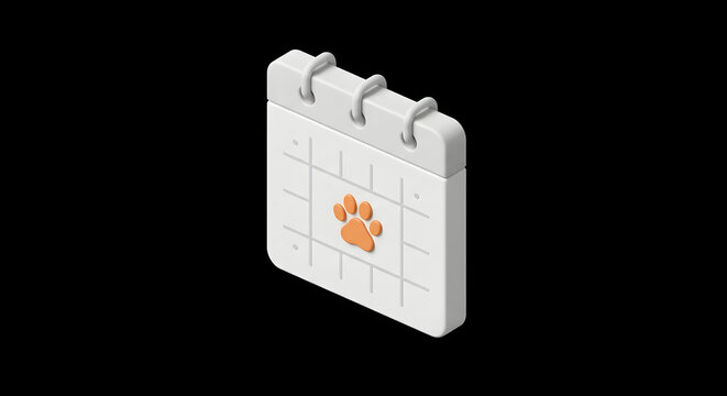 3D Isometric White Calendar Icon With Orange Paw Print Symbol On Black Background For Pet Schedule