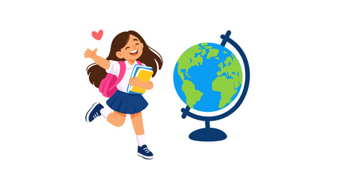 Fototapeta premium happy pupil holding globe for geography education