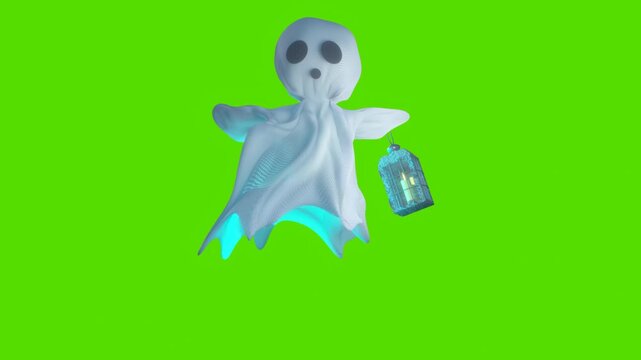 Cute Halloween Ghost Character with Flowing Fabric and Wide Eyes on green loop Background 3d render
