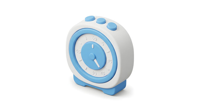 3D Isometric Illustration Of A Light Blue And White Minimalist Desk Alarm Clock On White Background