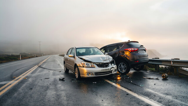 Two damaged cars involved in a serious road traffic collision on a misty coastal highway