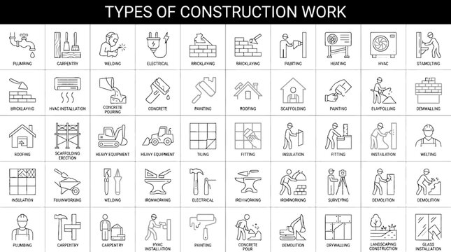 Comprehensive Construction Services Icon Set featuring minimalist black line icons of building trades on white background, ideal for contractor websites and renovation infographics.