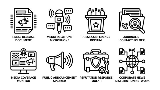 Public Relations Icons: A collection of modern line art icons representing various public relations and media communication tools, including press releases, microphones, podiums, and monitors.