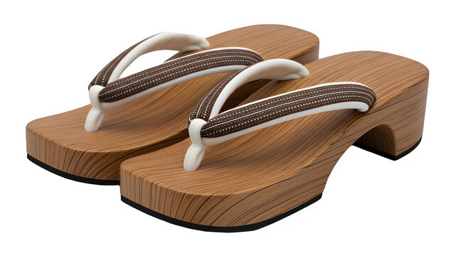 A pair of traditional Japanese wooden geta sandals with brown textured platforms and white fabric thongs isolated on transparent background