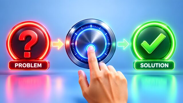 Human hand pressing glowing blue dial button between red problem sign and green solution icon. Concept of automated troubleshooting and workflow.