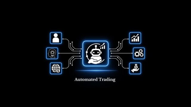 Automated Trading AI Robot with Financial Technology Icons and Digital Market Connections, Algorithmic Trading, Investment and Smart Finance Concept Animation.