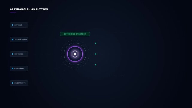 A cinematic data visualization showing an AI engine ingesting raw financial data (Revenue, Transactions, etc.), detecting patterns, and outputting actionable growth strategies (Revenue +18%, Customer