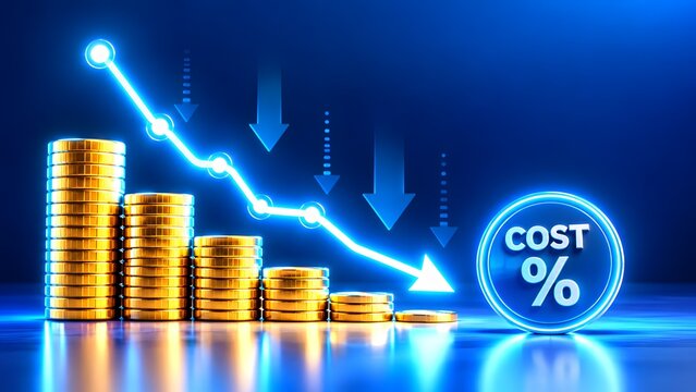 Descending gold coin stacks with glowing downward graph arrow and cost percentage badge. Concept of expense reduction and budget optimization.