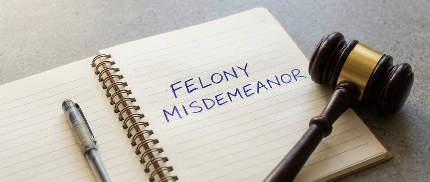 Legal Gavel and Notebook with FELONY MISDEMEANOR text representing justice law and crime