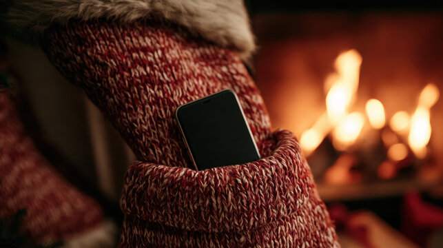 Smartphone with blank screen inside a red knitted christmas stocking beside a glowing fireplace
