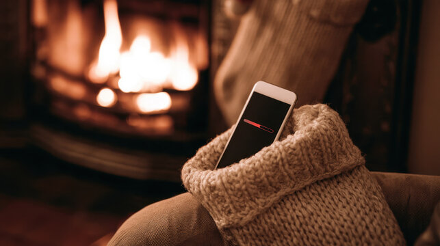 Smartphone with low battery warning inside a knitted christmas stocking beside a warm fireplace