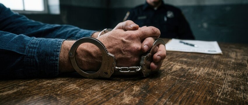 Hands cuffed behind back during police interrogation crime justice law enforcement suspect detention investigation guilt legal
