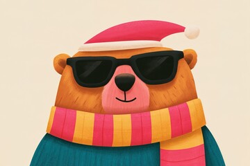 Fototapeta premium Bear wearing sunglasses and a Santa hat during winter