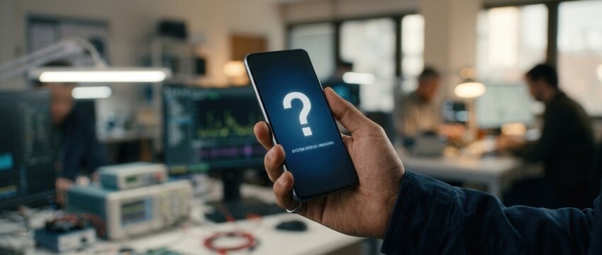 Hand Holding Smartphone with Question Mark Symbol on Screen in Technology Lab Office