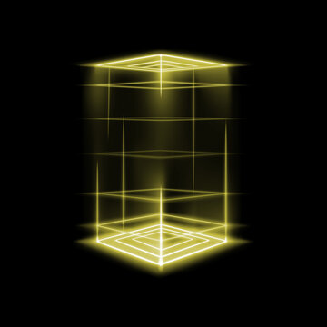 Glowing yellow wireframe cube structure isolated on a black background representing digital technology and virtual reality concepts