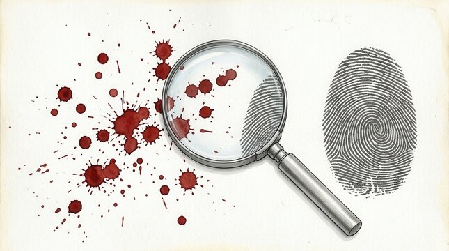 Magnifying glass examining blood splatters next to fingerprint crime scene investigation forensic evidence concept detailed illustration