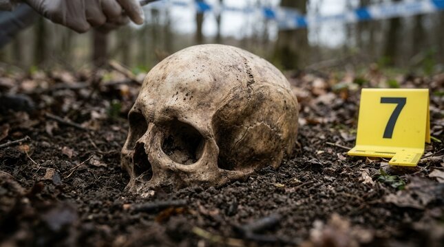 Human Skull Discovered in Forest Ground Forensic Evidence Marker Number 7 Nearby Crime Scene Investigation Concept