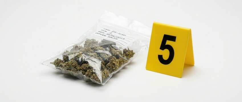 Illegal Drug Seizure Bag of Marijuana and Evidence Marker Number 5 on White Background