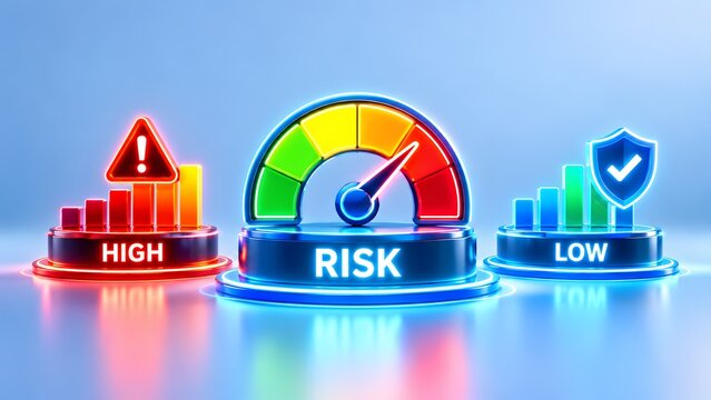 Speedometer gauge on risk podium between high warning graph and low security shield chart. Concept of financial assessment and crisis mitigation.