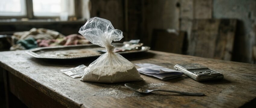 Illicit Substance Bag on Grungy Table with Spoon and Scale representing addiction and poverty