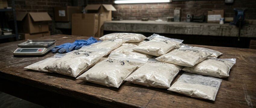 Illicit Substance Packaging Bags of white powder scales and gloves on a wooden table suggesting illegal drug manufacturing or distribution