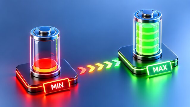 Battery icons transitioning from minimum red to maximum green charge via glowing arrows. Concept of energy efficiency and power optimization.
