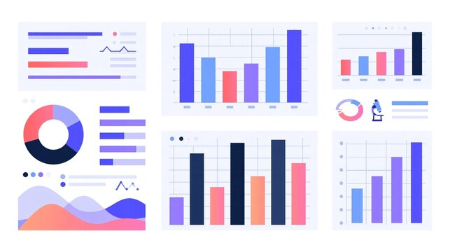 A set of colorful infographics with various charts, graphs, and data visualizations.