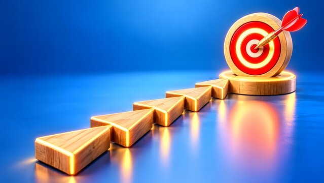 Wooden dartboard with red dart in bullseye and glowing arrow pathway. Concept of strategic roadmap, milestone execution, and marketing precision.