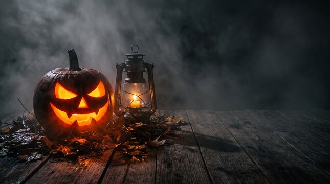 Halloween pumpkin with lantern on empty space  