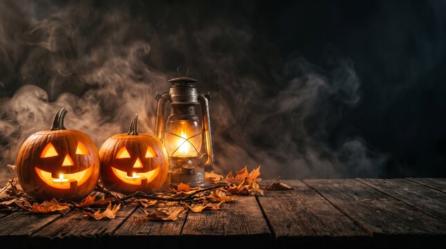 Halloween pumpkin with lantern on wooden empty space 