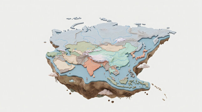 3D clay floating island map of asian continent with terrain relief