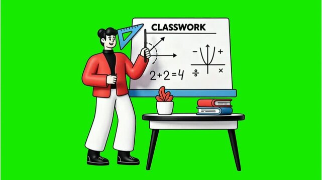 Female Math Teacher Explaining on Whiteboard &mdash; Classroom Animation Green Screen