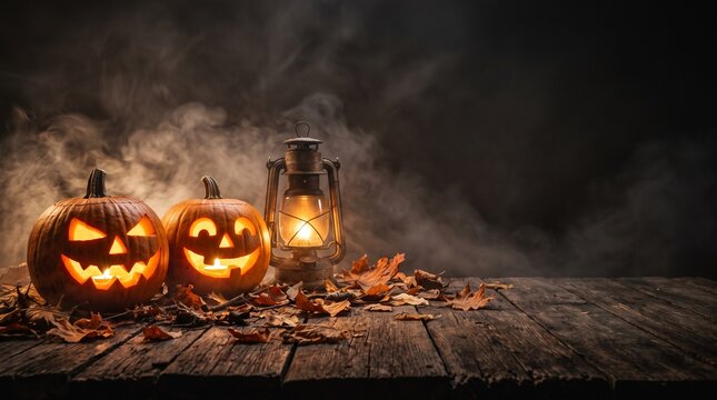 Halloween pumpkin with lantern on wooden empty space 