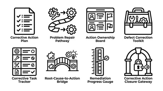 Business Process Improvement Icons: A collection of stylized icons representing key elements of business process improvement, including corrective action plans, problem-solving pathways.