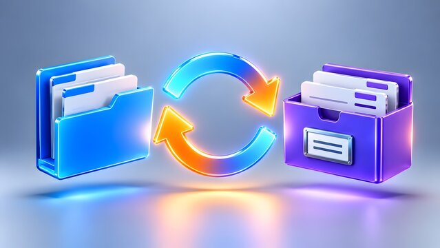 Synchronization arrows rotating between a blue file folder and a purple archive drawer. Concept of cloud data migration and document indexing.