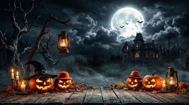 Jack 'O Lantern In Cemetery In Spooky Night With empty space 
