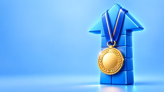 Gold award medal with ribbon hanging on a rising blue block arrow with left copy space. Concept of corporate excellence and market leadership.