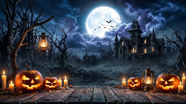 Halloween pumpkin with lantern on wooden empty space 