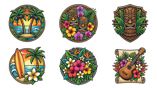 Set of Hawaiian tropical badge designs featuring tiki masks surfboard and floral summer elements