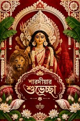 Fototapeta premium Bengali Heritage Durga Puja Poster with Traditional Cultural Motifs.