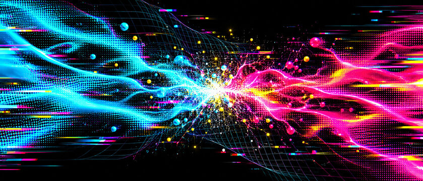 Digital data streams colliding in futuristic network visualization with vibrant color gradients