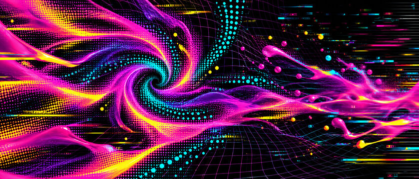 Abstract digital data stream visualization showcasing interconnected network pathways in vibrant neon background
