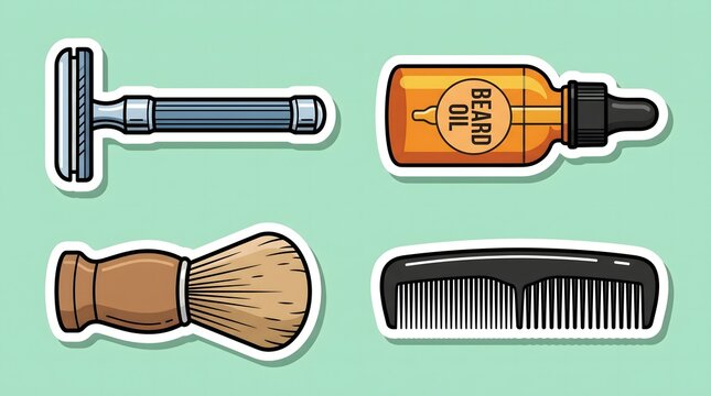 Set of vector stickers featuring barber shop tools and men grooming accessories