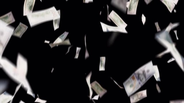 Money rain falling US dollar bills on black background.