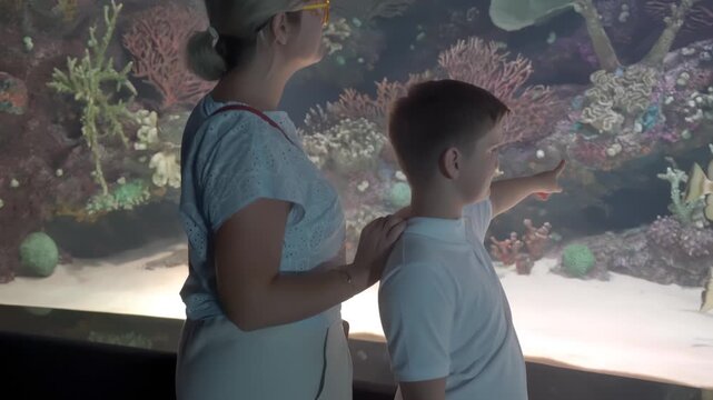Mother and Son Watching Fish in oceanarium Large Aquarium Tank Together 