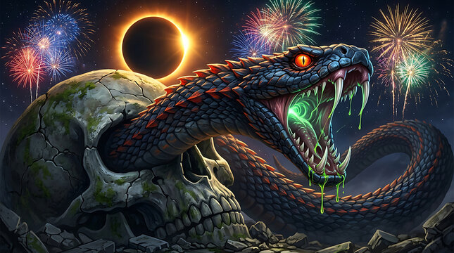 Giant Fantasy Viper Snake Emerging from Human Skull with Solar Eclipse and Fireworks in Night Sky