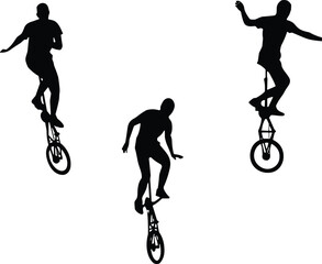 Silhouettes of three acrobatic performers riding unicycles and balancing skillfully isolated on flat white background graphic © MDABDUS