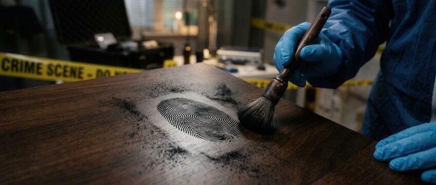 Forensics expert dusting for fingerprints on a wooden surface at a crime scene evidence collection